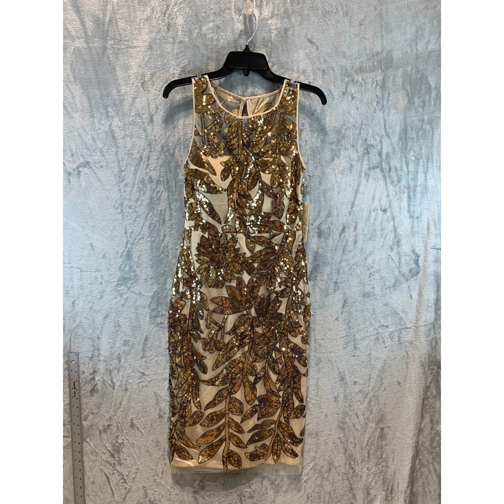 Eliza J Gold Sequin Floral Leaf Mesh Sheath Cocktail Dress EJ4M3637 NWT 4